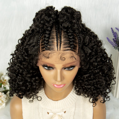 Kima Frontal Cornrow Twisted 16 inches Curly Bob 13*4 Synthetic Lace Front Wig Top Knot Braided Ribbon Bun Braided Wigs