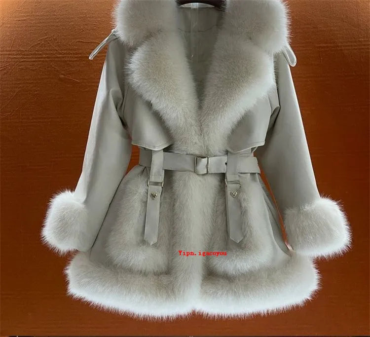 Temperament Big Fur collar Lace-Up Fur Coat Female Autumn Winter New Mid-Length Warm Faux Fox Jacket Female Loose Overcoat W567