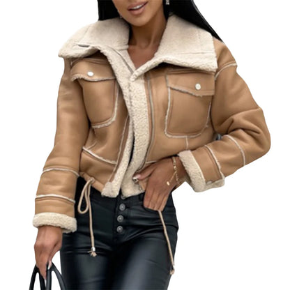 Warm Plush Jacket Fashion Winter Long Sleeve Zipper Short Coats Streetwear with Pockets Outwear