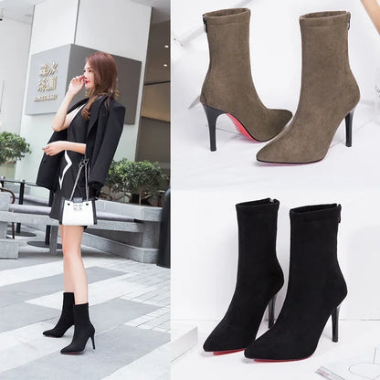 Female High Heels Boots Winter 2023 Thin Short Elastic Boot Luxury Stiletto 9cm Heel Women's Shoes Pointed Tight Boots