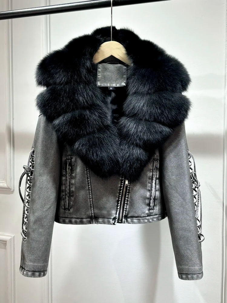 Luxury fox fur 2024 Autumn Winter Lady COMFY & COZY leather zipper coat.