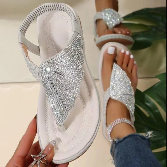 Summer 2024 Sandals Woman Fashion Comfortable Clip Toe Slippers Beach Bohemian Slides Women Flats Sandals Crystal Roman Shoes