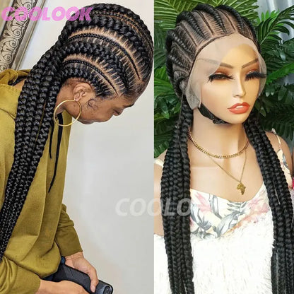 36" Synthetic Lace Front Wigs Jumbo Braided Wigs Full Lace Front Dutch Twins Cornrows Braids Wig For Black Women Crochet Hair