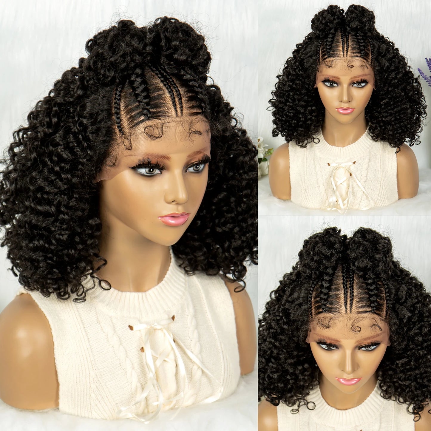 Kima Frontal Cornrow Twisted 16 inches Curly Bob 13*4 Synthetic Lace Front Wig Top Knot Braided Ribbon Bun Braided Wigs