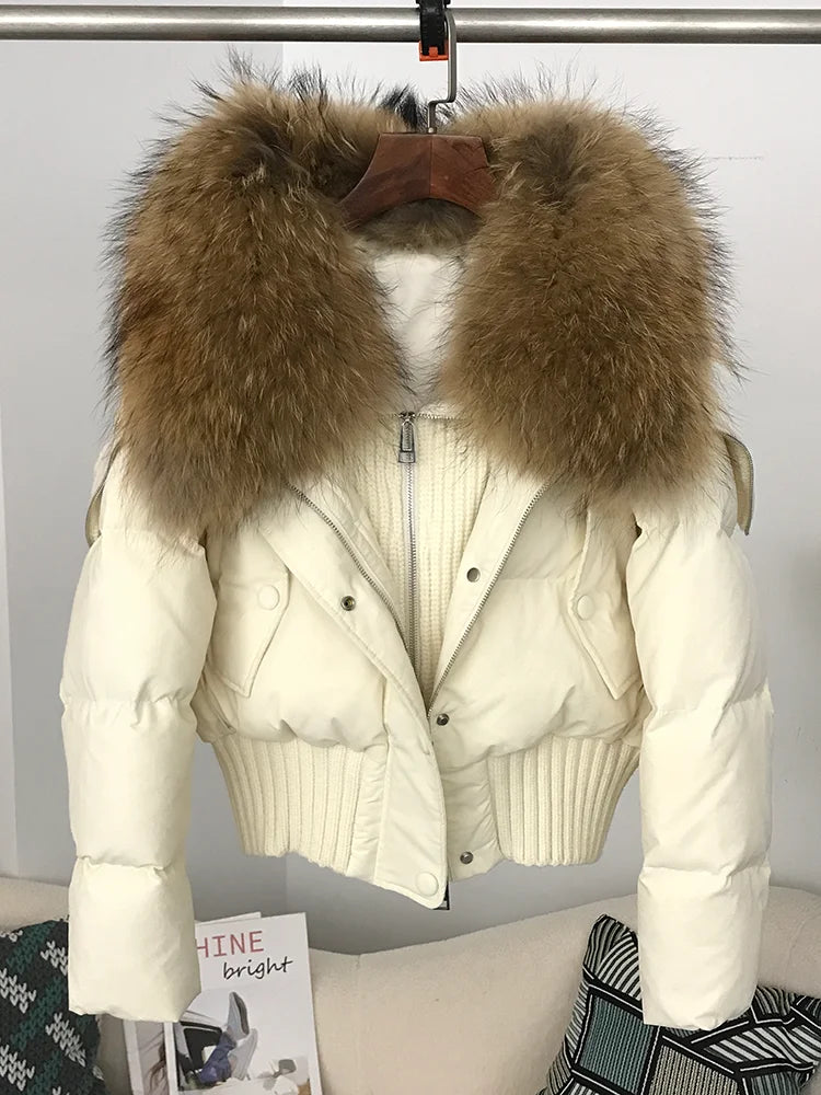 Sexy Natural Real Raccoon Fur Collar warm thick winter women white duck down short luxury coat