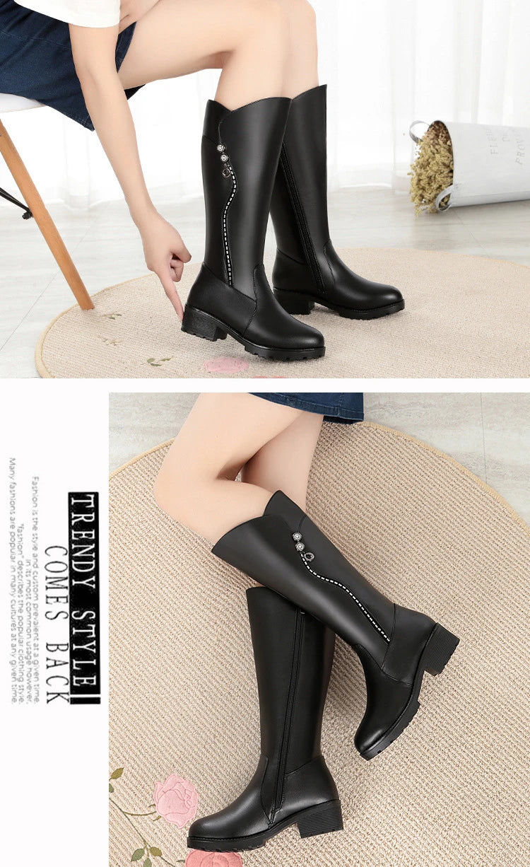 Genuine Leather winter insulated Plus wool fur mid heel zipper women boots.