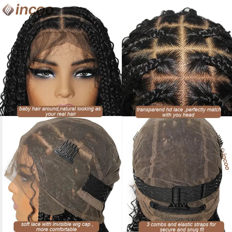 12 Inch Short Boho Braided Wigs Square Part Knotless Box Braids Wig Curly Ends Synthetic Full Lace Wig Cornrow Bob Wig For Women