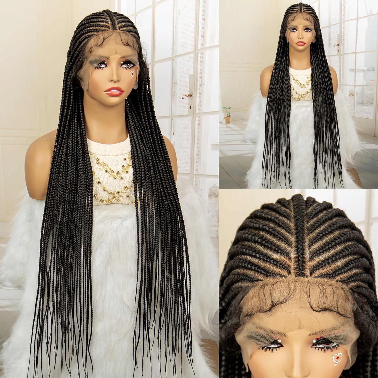 Synthetic Knotless Box Braided Wig Full Lace Cornrow Braids Wig for Black Women with Baby Hair 36 Inches Long Twist Braiding Wig