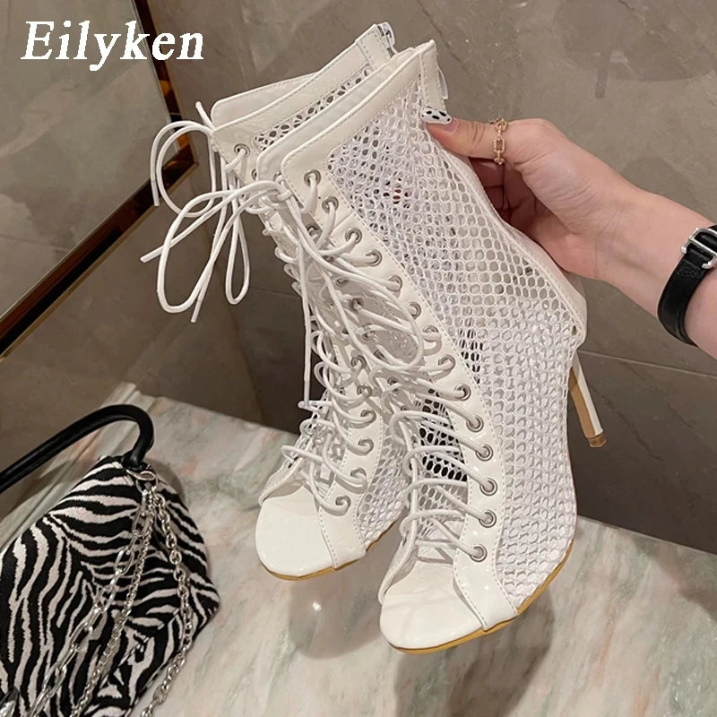 Eilyken Fashion Design Mesh High Heel Women Boots Sandals Sexy Peep Toe T-tied Stripper Pole Dancing Stiletto Shoes