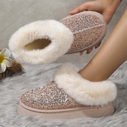 New 2024 Fashion Sequined Cloth Warm Snow Boots Woman Non-Slip Thicken Plush Ankle Booties Faux Fur Winter Boots Women