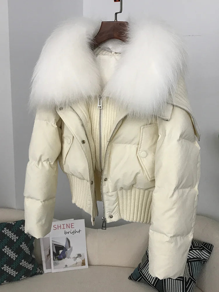 Sexy Natural Real Raccoon Fur Collar warm thick winter women white duck down short luxury coat