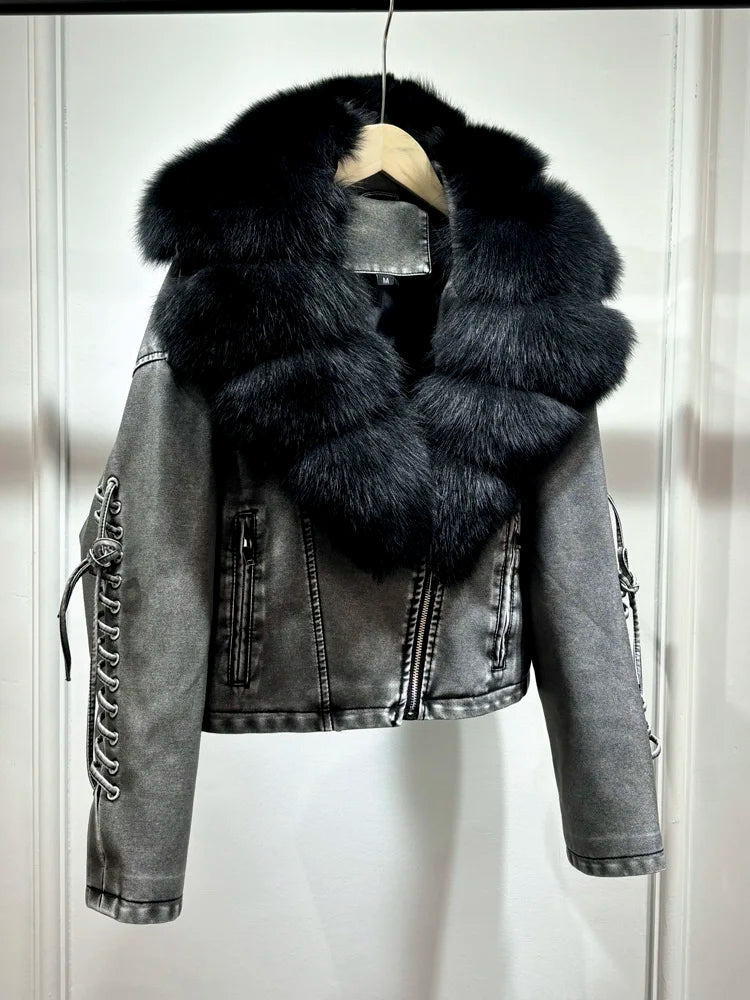 Luxury fox fur 2024 Autumn Winter Lady COMFY & COZY leather zipper coat.