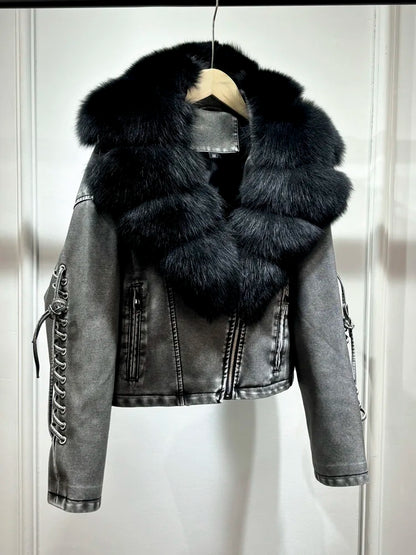 Luxury fox fur 2024 Autumn Winter Lady COMFY & COZY leather zipper coat.