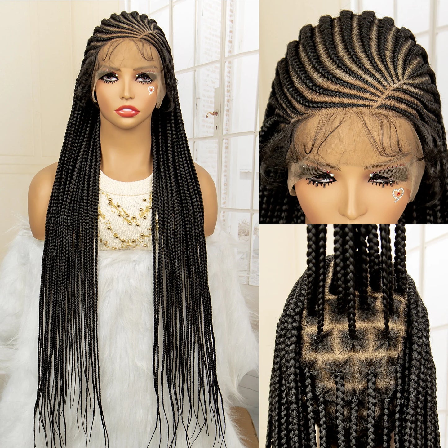 Synthetic Knotless Box Braided Wig Full Lace Cornrow Braids Wig for Black Women with Baby Hair 36 Inches Long Twist Braiding Wig