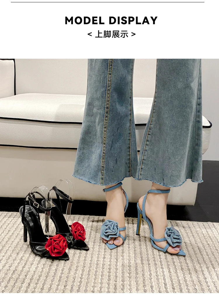 Fashion Denim Buckle Strap High Heels Women's Sexy Pointed Open Toe Crystal Flower Slim Heel Sandals Party Dress