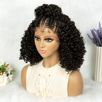 Kima Frontal Cornrow Twisted 16 inches Curly Bob 13*4 Synthetic Lace Front Wig Top Knot Braided Ribbon Bun Braided Wigs