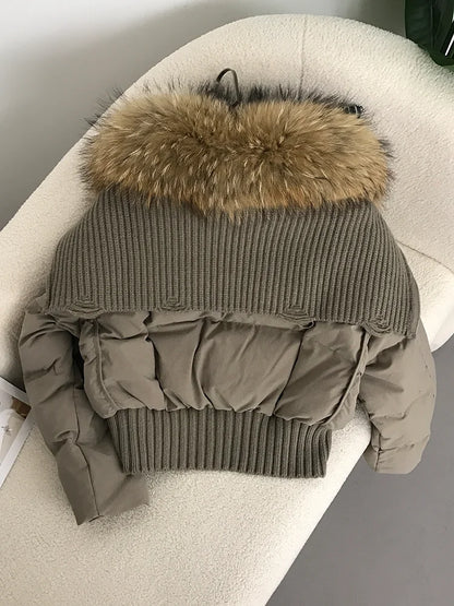 Sexy Natural Real Raccoon Fur Collar warm thick winter women white duck down short luxury coat