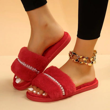 New Women Home Slippers Fashion Shiny Rhinestones Design Open Toe Indoor 2023 Winter Flat Non-slip Leisure Interior Female Shoes