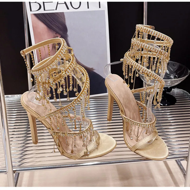 Runway style Bling Bling Crystal Tassels Snake Coiled Women Sandals Sexy Stiletto High heels Summer Fashion Party Prom Shoes