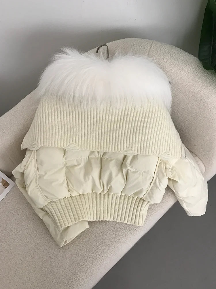 Sexy Natural Real Raccoon Fur Collar warm thick winter women white duck down short luxury coat