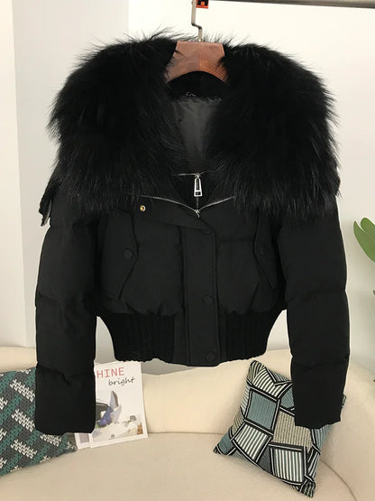 Sexy Natural Real Raccoon Fur Collar warm thick winter women white duck down short luxury coat