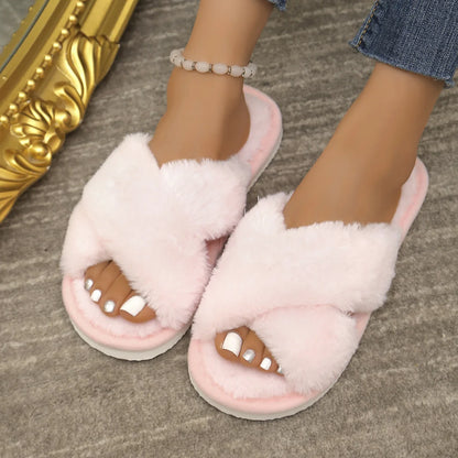 Winter Slipper Women Cross Belt Home Indoor Casual Slippers Female Flip Flops Fluffy Shoes Slides Ladies Soft Warm Plush Slipper